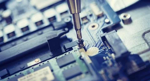 Computer chip on a circuit board, close up, Computer technology Stock Photos