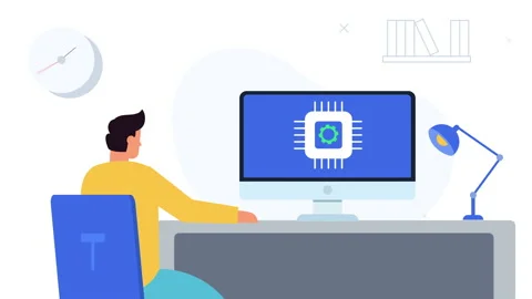 Computer chip concept animation.Man working on PC animation Stock Footage 221500819