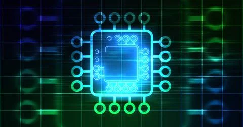 Computer chip digital hologram infographic digital bg. CPU processor mother.. Illustrazione stock