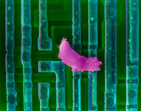 Computer chip with dirt, SEM Foto stock