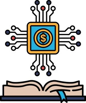 A computer chip with a dollar sign on it is shown next to an open book Illustrazione stock