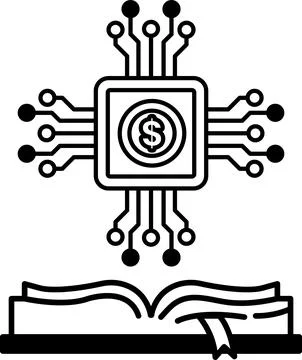 Computer chip with a dollar sign on it is shown next to an open book Illustrazione stock