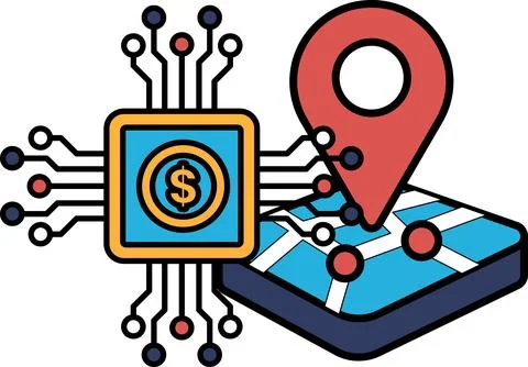 A computer chip with a dollar sign on it and a red pin pointing to a location Stock Illustration