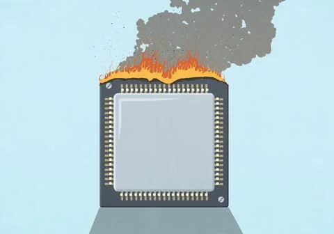 Computer chip on fire against blue background Stock Illustration