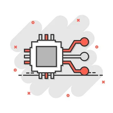 Computer chip icon in comic style. Circuit board cartoon vector illustration  Stock Illustration