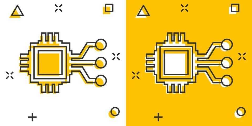 Computer chip icon in comic style. Circuit board cartoon vector illustration  Stock Illustration