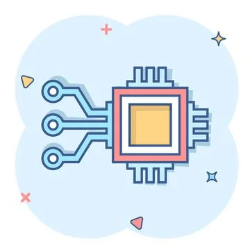 Computer chip icon in comic style. Circuit board cartoon vector illustration  Stock Illustration