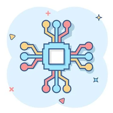 Computer chip icon in comic style. Circuit board cartoon vector illustration  Stock Illustration