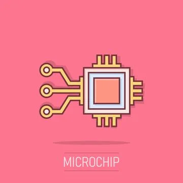 Computer chip icon in comic style. Circuit board cartoon vector illustratio.. Stock Illustration