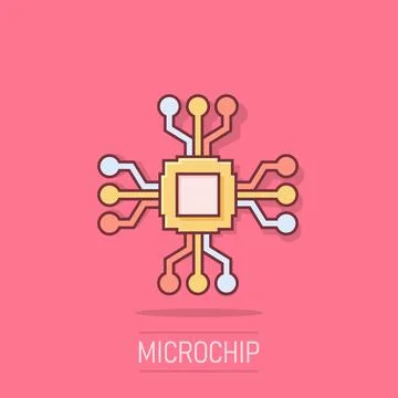 Computer chip icon in comic style. Circuit board cartoon vector illustratio.. Stock Illustration