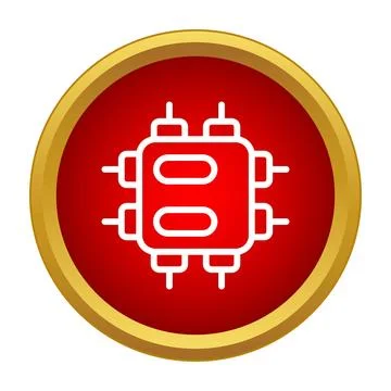 Computer chip icon inside a gold ringed red circle Stock Illustration