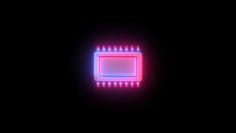 Computer chip icon neon glowing animation black background Video stock 276338194