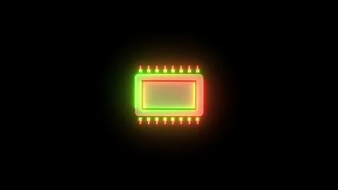 Computer chip icon neon glowing animation black background Video stock 276338198