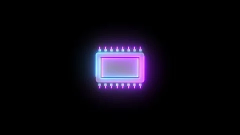 Computer chip icon neon glowing animation black background Video stock 276338199