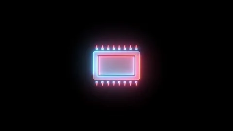 Computer chip icon neon glowing animation black background Video stock 276338202