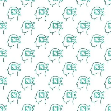 Computer Chip inside Head vector outline seamless pattern Stock Illustration