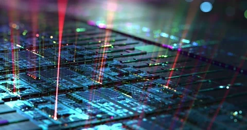 Computer chip with light rays streaming out, high tech background. Stock Footage 149275444
