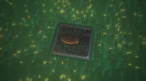 Computer chip with the logo of AMAZON. Conceptual editorial 3d rendering Stock Illustration