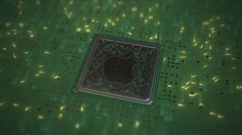 Computer chip with the logo of APPLE INC. Conceptual editorial 3d rendering 스톡 일러스트