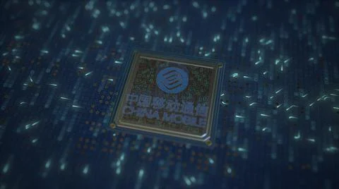 Computer chip with the logo of CHINA MOBILE. Conceptual editorial 3d rendering Stock Illustration