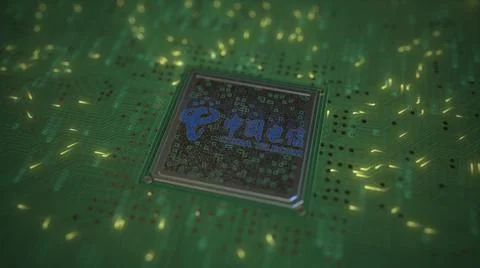 Computer chip with the logo of CHINA TELECOM. Conceptual editorial 3d rendering Stock Illustration
