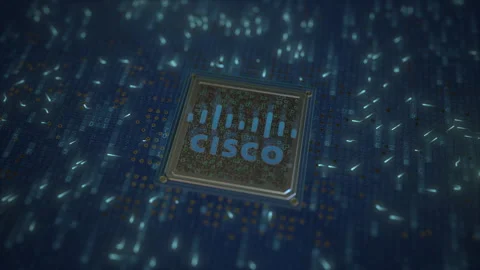 Computer chip with the logo of CISCO. Conceptual editorial 3d animation Stock Footage 151423341