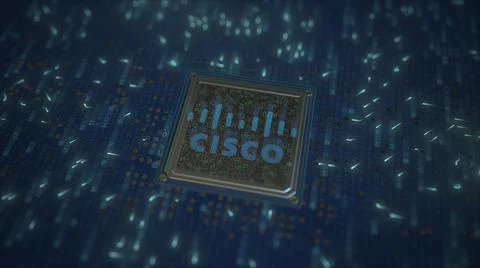 Computer chip with the logo of CISCO. Conceptual editorial 3d rendering Stock Illustration