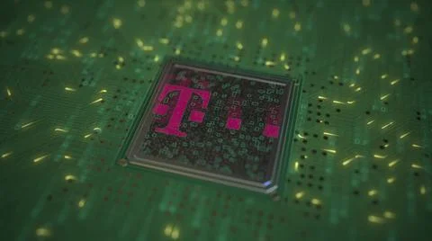 Computer chip with the logo of DEUTSCHE TELEKOM. Conceptual editorial 3d Stock Illustration