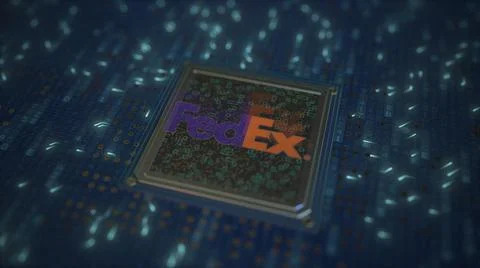 Computer chip with the logo of FEDEX. Conceptual editorial 3d rendering Stock Illustration