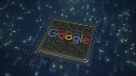 Computer chip with the logo of GOOGLE. Conceptual editorial 3d rendering Stock Illustration
