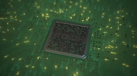 Computer chip with the logo of HITACHI. Conceptual editorial 3d rendering Stock Illustration