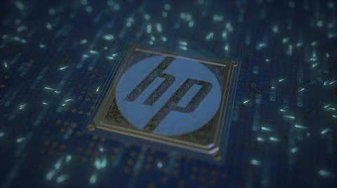 Computer chip with the logo of HP. Conceptual editorial 3d rendering Stock Illustration