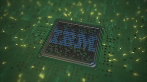 Computer chip with the logo of IBM. Conceptual editorial 3d rendering Illustrazione stock