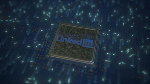 Computer chip with the logo of LINKEDIN. Conceptual editorial 3d rendering Stock Illustration