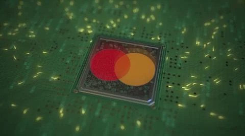 Computer chip with the logo of MASTERCARD. Conceptual editorial 3d rendering Stock Illustration