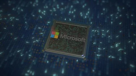 Computer chip with the logo of MICROSOFT. Conceptual editorial 3d rendering Stock Illustration