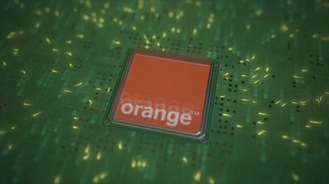 Computer chip with the logo of ORANGE. Conceptual editorial 3d rendering Stock Illustration