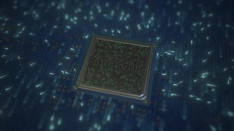 Computer chip with the logo of PANASONIC. Conceptual editorial 3d rendering Illustrazione stock