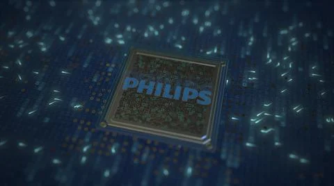 Computer chip with the logo of PHILIPS. Conceptual editorial 3d rendering 스톡 일러스트