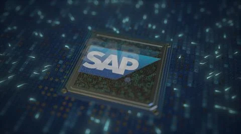 Computer chip with the logo of SAP. Conceptual editorial 3d rendering Stock Illustration