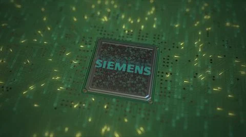 Computer chip with the logo of SIEMENS. Conceptual editorial 3d rendering Stock Illustration
