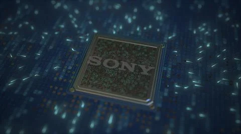 Computer chip with the logo of SONY. Conceptual editorial 3d rendering Stock Illustration