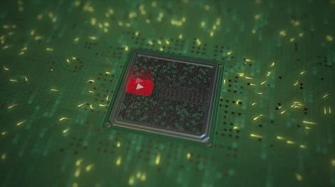Computer chip with the logo of YOUTUBE. Conceptual editorial 3d rendering Stock Illustration