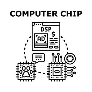 Computer chip managing digital marketing analytics advertising Illustrazione stock
