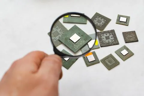 Computer chip, a microprocessor that a person views through a magnifying glass 写真素材