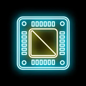Computer chip neon light glowing outline on black Stock Illustration