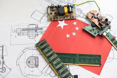 Computer chip over black background with china flag and binary code inside Stock Photos