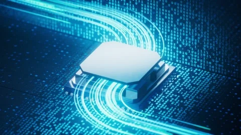 Computer chip processing binary data stream with glowing light trails on ci.. Stock Footage 332390085