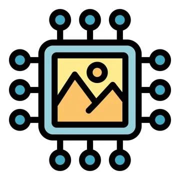Computer chip processing image with mountains and sun Stock Illustration