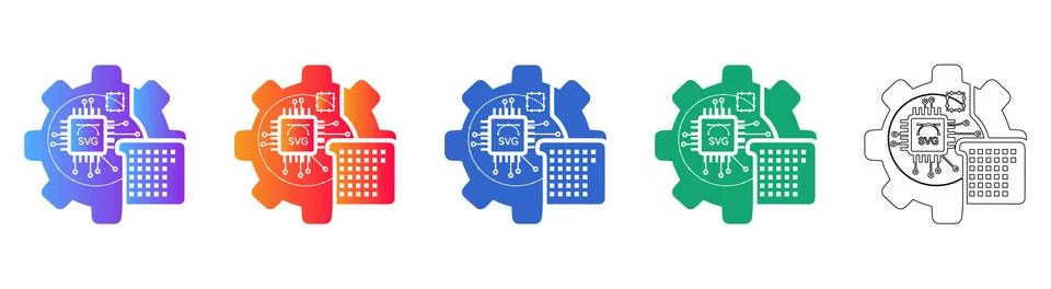 Computer Chip Processor Engineering Icon Set Illustrazione stock